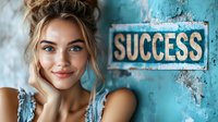 Young blonde woman with bright smile and messy bun hairstyle near turquoise wall with success sign, representing achievement and positive mindset in business.