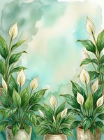 Watercolor tropical plants frame with peace lilies and green foliage on soft aqua background for botanical designs and natural decor projects.