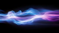 Glowing abstract wave pattern in blue, pink and purple neon colors on black background, dynamic light trails creating ethereal flowing energy effect.