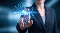 Professional businesswoman holding glowing digital network sphere with connected dots representing AI technology and automation solutions for modern business.
