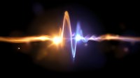 Glowing energy pulse wave with orange and blue light effects on dark background, dynamic electric heartbeat visualization for medical and tech designs.