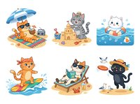 Cute cats enjoying summer activities on beach, playing in sand, surfing, swimming and relaxing. Isolated clipart set ready for children's designs, t-shirts and educational materials.