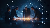 Business team analyzing glowing data visualization on futuristic interactive table, surrounded by sparkles and bokeh lights in dark modern office setting.
