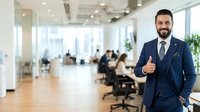 Confident male professional in dark business suit and tie giving thumbs up gesture in modern office environment with colleagues working at desks in background, suitable for corporate, business success, and workplace themes.