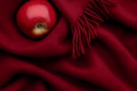 Fresh red apple on burgundy textile with fringe, creating rich color contrast for food photography or seasonal autumn concept.