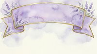 Watercolor lavender banner with gold ribbon frame on white background, isolated design element for invitations, labels, and decorative projects.