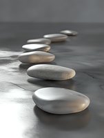 Smooth zen stones arranged in curved line on wet sand beach surface creating peaceful meditation pathway for mindfulness and spiritual balance concepts.