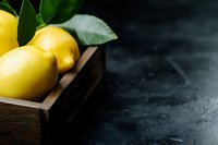 Fresh yellow lemons with green leaves in rustic wooden box on dark stone background with copy space, selective focus. Food photography concept.