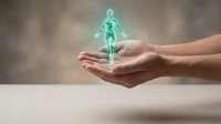 Hands holding glowing green holographic human figure representing healthcare protection, medical insurance, wellness support and digital health technology.