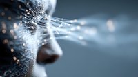 Abstract digital profile with light beams emanating from face, representing artificial intelligence, machine learning, and futuristic technology concept.