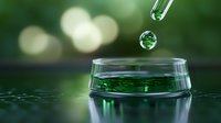 Drops of clear liquid falling into glass container with green solution against blurred bokeh background, creating ripple effect. Scientific laboratory concept.