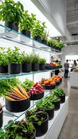 Fresh herbs and organic vegetables displayed on modern glass shelves in contemporary grocery store with natural lighting and shoppers browsing in background.