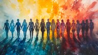 Silhouettes of people holding hands in unity against vibrant watercolor rainbow background, symbolizing diversity, community support, and social connection. Artistic expression.