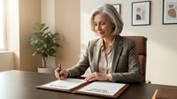 Confident mature businesswoman with silver hair signing documents at office desk, professional executive in beige suit working at modern workplace.