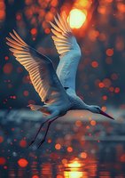 White egret with outstretched wings flying over water at sunset with glowing orange bokeh background and reflections on rippling surface.