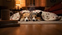 Two adorable puppies sleeping peacefully on cozy polka dot cushions in warm home interior with soft lighting creating comfortable domestic atmosphere.