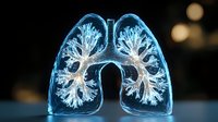 Glowing translucent human lungs with detailed bronchial tree structure against dark background, medical visualization showing respiratory system anatomy in blue light.