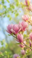 Pink magnolia blossoms bloom on branches with soft green foliage and blue sky background, ideal for spring and nature designs.
