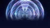 Luminous energy field surrounding meditating figure with flowing hair against starry cosmic background. Spiritual awakening and consciousness expansion concept.