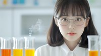 Young Asian female scientist in lab coat and glasses examining colorful liquid samples in test tubes against bright laboratory background.