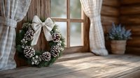 Festive winter wreath with white bow and pine cones on rustic wooden windowsill in cozy cabin interior.