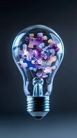 Light bulb with floating cosmic puzzle pieces inside on dark background, symbolizing creative solutions and innovative thinking in problem solving and business concepts.