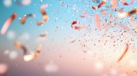Festive coral and pink confetti falling against blurred gradient background with bokeh lights creates celebratory atmosphere for party and event designs.