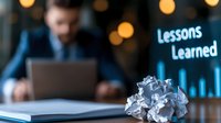 Professional working at desk with crumpled paper, laptop and blurred bokeh lights in background. Digital business chart shows lessons learned concept for corporate training.