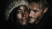 Intimate portrait of diverse couple sharing tender moment, African American woman with natural hair and Caucasian man with beard embracing closely in dramatic lighting.
