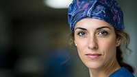 Young female medical professional wearing blue floral surgical cap looks confidently at camera, natural lighting highlights determined expression, healthcare setting.