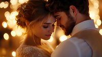 Romantic newlywed couple sharing intimate moment at wedding reception, soft bokeh lights create magical atmosphere, bride in lace dress, groom in white shirt.