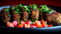 Grilled spiced meatballs garnished with fresh parsley and served with diced tomato salad on black plate, close up view showing juicy texture and crispy crust.