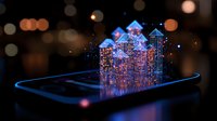 Futuristic glowing cityscape hologram emerging from smartphone screen with neon lights and bokeh effect, showcasing digital transformation and smart city concept.
