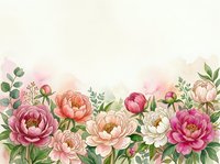 Watercolor peony border with pink and white blooms, green leaves, soft pastel background, for wedding invitations, cards, and decor.