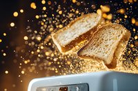 Toasted bread slices jumping out of toaster with golden bokeh light effect and flying crumbs on dark background, dynamic food photography composition.