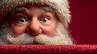 Santa Claus peeking over red knitted fabric with surprised expression and wide eyes against festive background for holiday marketing campaigns.