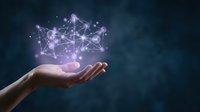 Hand holding glowing purple network connections with digital nodes and lines representing technology, AI, blockchain, and data connectivity concepts.
