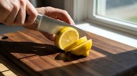 Caucasian hand slicing fresh lemon on wooden cutting board with knife near window, ideal for culinary, food preparation, and cooking content.