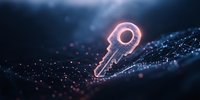 Glowing digital key silhouette on dark background with particles and bokeh effects creates futuristic cybersecurity concept visualization. For technology designs.