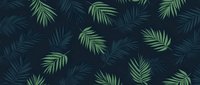 Tropical palm leaves pattern on dark background. Seamless botanical design with scattered green areca fronds creates exotic nature motif for fabric and wallpaper.