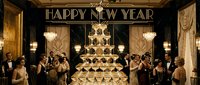 Art deco New Year celebration with champagne tower, elegant guests in vintage attire, gold decor, and festive ballroom ambiance.