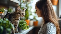 Young Asian woman with long brown hair in striped shirt interacting with tabby cat on windowsill among houseplants in cozy home setting, natural lighting.