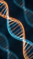 Glowing DNA double helix structure with orange and cyan neon lines on dark background, representing genetic research, biotechnology, and molecular science for medical and educational use.