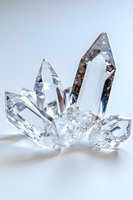 Clear quartz crystal cluster with pointed terminations on white background, showing natural light refraction and prismatic effects. Mineral specimen closeup.