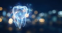 Glowing digital tooth with neural network connections and light effects on dark background for dental technology and healthcare innovation concepts.