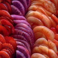 Fresh sliced red, purple, and orange heirloom carrots arranged in colorful rows showing vibrant natural patterns and textures. Perfect for food and cooking concepts.