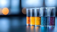 Colorful glitter particles in glass test tubes arranged in row against blurred blue background. Laboratory research and cosmetic industry concept.