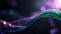 Glowing wave of sparkling particles in motion against dark background with purple and green light effects creating magical flowing energy pattern.
