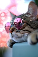 Cool cat wearing pink mirrored sunglasses relaxing in summer sunshine with bokeh background, close up portrait showing reflection in trendy eyewear.