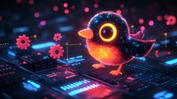 Glowing neon bird character on digital circuit board with floating gear elements and pink particles, cyberpunk style artwork in dark blue tech environment.